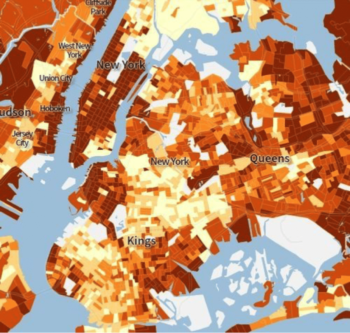Gentrified NYC: The dark areas show where gentrification – as measured by income – have affected the City; the light areas represent Native New Yorker communities.