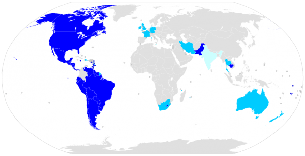 Jus soli around the world: unlimited in dark blue, restricted in teal, and abolished in pale blue (Public Domain)