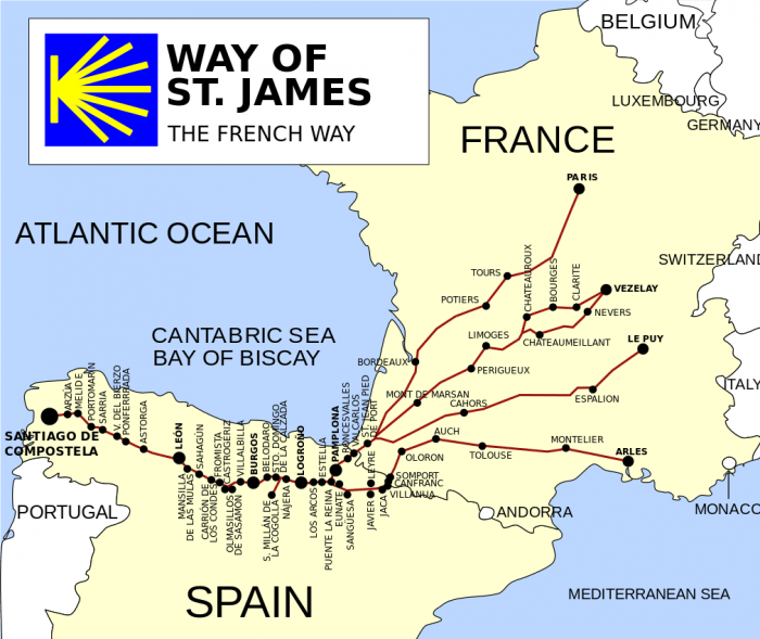 Four branches of the French Way, the most popular of the Camino routes (Vivaelcelta/Wikimedia)