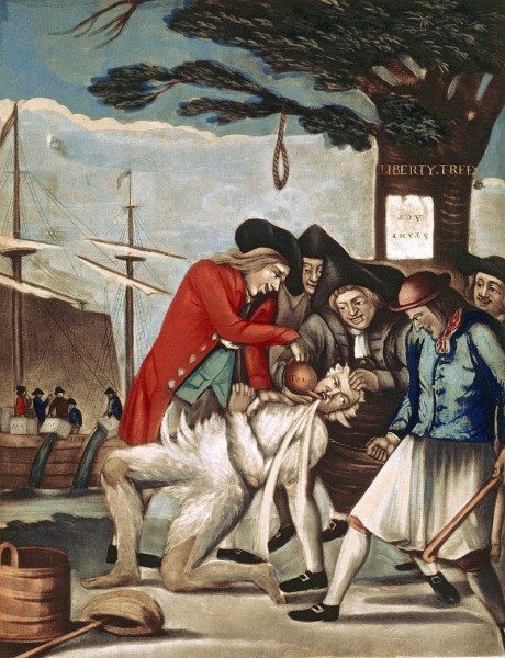 The Bostonian Paying the Excise-Man, 1774 British propaganda print referring to the tarring and feathering of Boston Commissioner of Customs John Malcolm four weeks after the Boston Tea Party. The men also poured hot tea down Malcolm's throat (Public Domain)