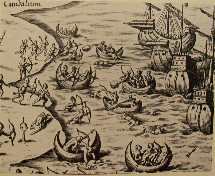 Columbus and his men confronting hostile Taínos on the coast of Jamaica in 1494