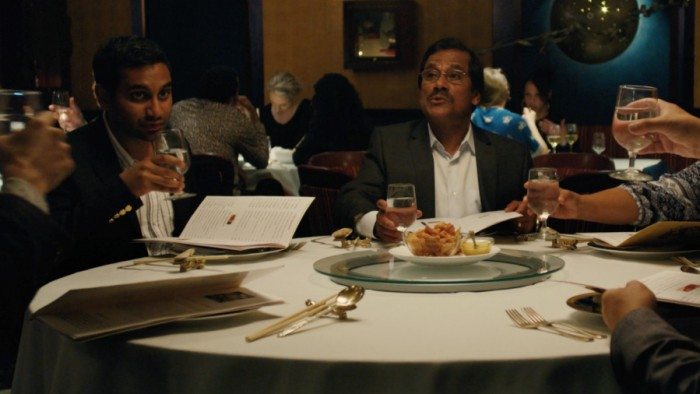 Actor and comedian Aziz Ansari (left) as Dev Shah in 'Master of None,' alongside his real-life father (Screenshot)