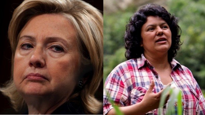 On the left, former State Sec. Hillary Clinton, and on the right, Berta Cáceres, an environmental activist killed on March 2, 2016 
