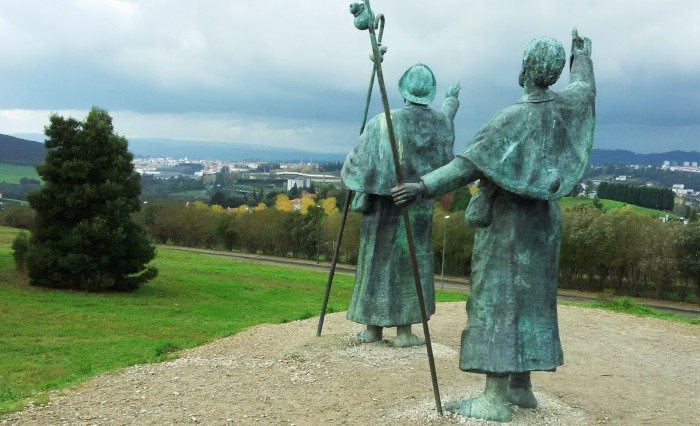 A monument to pilgrims looking toward Santiago de Compostela from Monte de Gozo