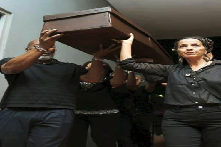 Blackface characters such as Chianita La Negra, Diplo, Pirulo el Colorao, Cuco Pasorín and Pedro Fosas Nales were among those buried this past week. Activist and scholar Maria Reinat-Pumarejo is seen carrying the coffin in front.