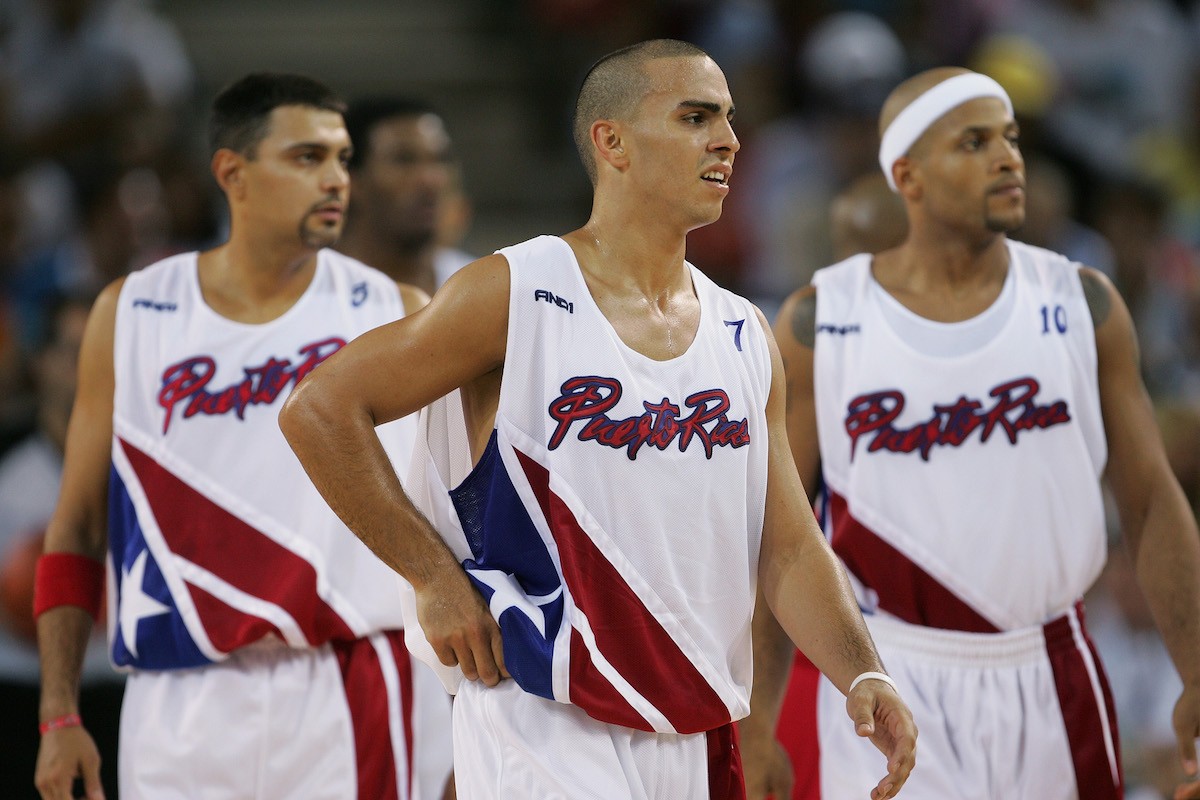 Puerto Rico's Carlos Arroyo pulls his shirt in front of his face